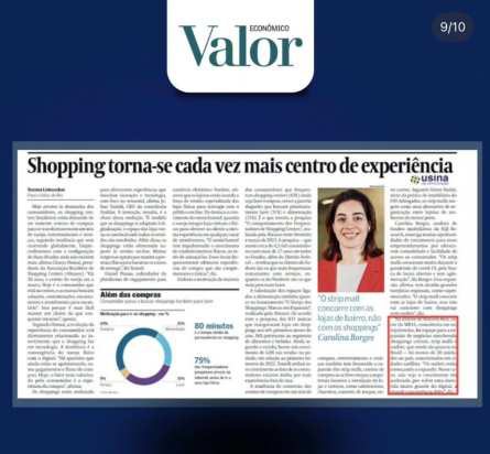 Matéria do Valor Econômico “Shopping torna-se cada vez mais centro de experiência”