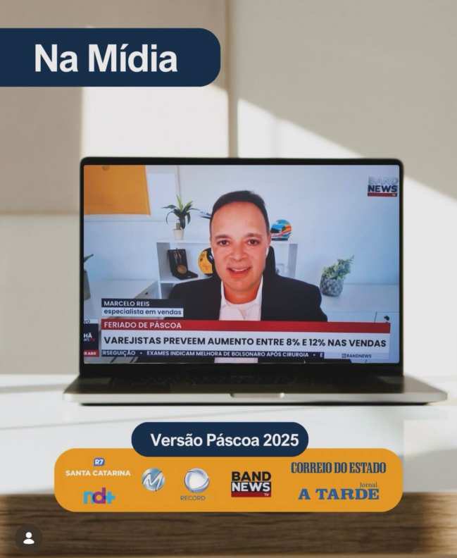 Marcelo Reis em entrevista na TV sobre vendas de Páscoa, com logos de veículos como Band News, Record e Correio do Estado
